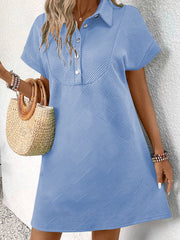 Peach Blossom Solid Color Textured Short Sleeve A Line Mini Dress - Miniatuur