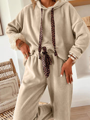 Parchment Leopard Drawstring Pullover Hoodie and High Waist Pants Corduroy Suit - Miniatuur