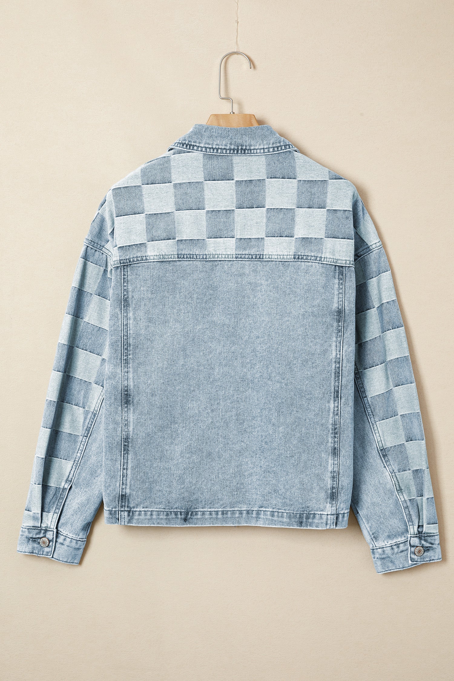 Beau Blue Denim Checkered Pattern Patchwork Womens Casual Jacket - Damesmode Afbeelding 5
