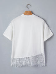 Vit asymmetrisk spetsfåll-patchwork-t-shirt - Miniatuur