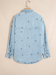 Sky Blue Stars Pattern Long Sleeve Shirt Collar Denim Jacket - Miniatuur