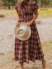 Abito midi a vita alta con nodo vintage vintage rosso a quadri e nodo a quadri - Miniatuur