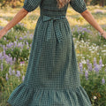 Green Plaid Square Neck Shirred High Waist Ruffle Hem Dress - Foto 2