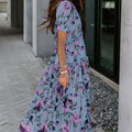Sky Blue Fiery Floral Print Frilled V Neck Short Sleeve Maxi Dress - Foto 3