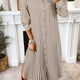 Bruin Stripe Texturood 3/4 Sleeve Round Hem met Split Midi Overhemd Jurk