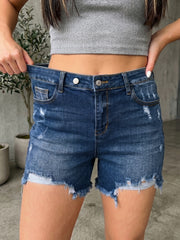 Beau Blue Asymmetrisk Rå Fåll Distressed Whiskery Denim Shorts - Damesmode Bild 4 - Miniatuur