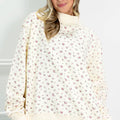 Beige Ribbed High Neck Patchwork Floral Print Baggy Pullover Sweatshirt - Damesmode Afbeelding 3 - Foto 3