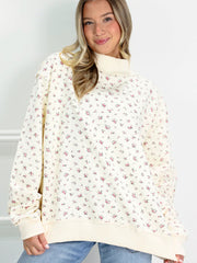 Beige resååd topptröja med höghalsad patchwork med blommönster – Baggy sweatover – Damesmode Afbeelding 3 - Miniatuur