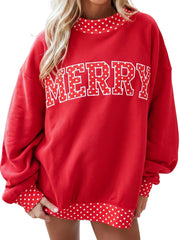 Fiery Red Polka Dot Letter Print Contrast Trim Mock Neck Sweatshirt - Miniatuur