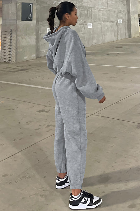 Gray Solid Drop Shoulder Capuchontrui and Joggers Activewear Set - Detail