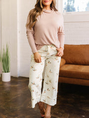 Vaqueros beige estilosos con estampado de ánade real con puños y con bajo shift - Imagen de moda femenina 7 - Miniatuur