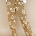 Khaki Floral Print Metal Button Pleated Straight Leg Jeans - Foto 3