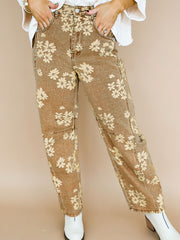Khaki Floral Print Metal Button Pleated Straight Leg Jeans - Miniatuur