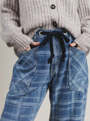 Sky Blue Plaid Denim Grommet Drawstring Waist Ankle-Length Jeans - Miniatuur
