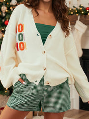 White Ho Ho Ho Slogan V Neck Button Front Embroidered Knit Cardigan - Miniatuur