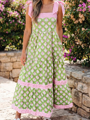 Vestido Maxi de tirantes nudos con estampado floral verde con detalles de nudo - Miniatuur