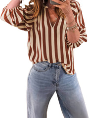 Brown Stripe V Neck Half Sleeve Casual Blouse - Miniatuur