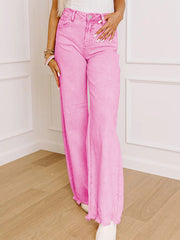 Pink Acid Wash High Waist Uneven Raw Hem Shift Jeans - Miniatuur