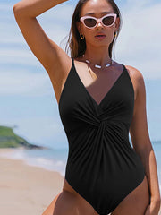 Black V Neck Twist Ruched Crisscross Backless One-Piece Swimsuit - Damesmode Afbeelding 4 - Miniatuur