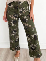 Green Vintage Floral Print Square Patch Pocket Raw Hem Shift Jeans - Miniatuur
