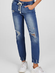 Dark Blue Elastic Waist Straight Leg Destroyed Raw Hem Jeans - Miniatuur