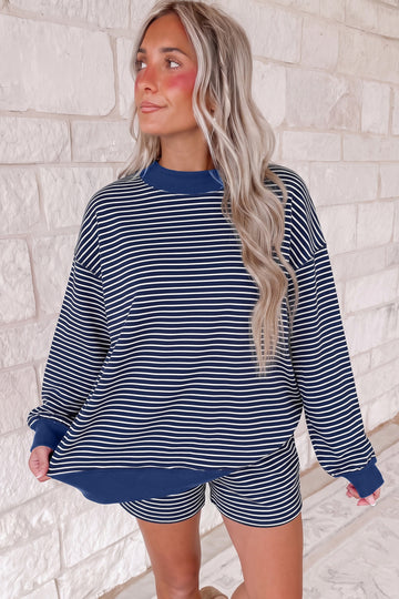 Blauw Stripe Rippen-Patchwork-Mock-Neck-Pullover-Pullover-Matching Shorts-Set - Detail