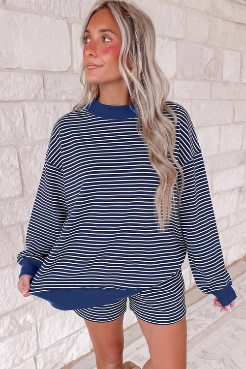 Blauw Stripe Ribbed Patchwork Mock Neck Baggy Pullover Matching Shorts Set - Detail