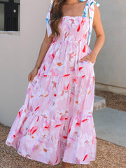 Maxi robe smock à épaules nouées à imprimé fleur rose - Miniatuur