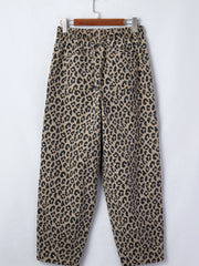 Khaki-Leopardenmuster mit Kordelzug, elastische Taille, lockere Jeanshosen mit Taschen - Miniatuur