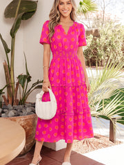Rose Double Polka Dot Short Sleeve Shirred High Waist Midi Dress - Miniatuur