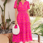 Rose Double Polka Dot Short Sleeve Shirred High Waist Midi Dress
