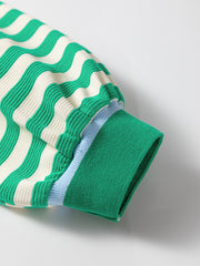 Green Striped Contrast Collar Split Neck Long Sleeve Mini Dress - Miniatuur