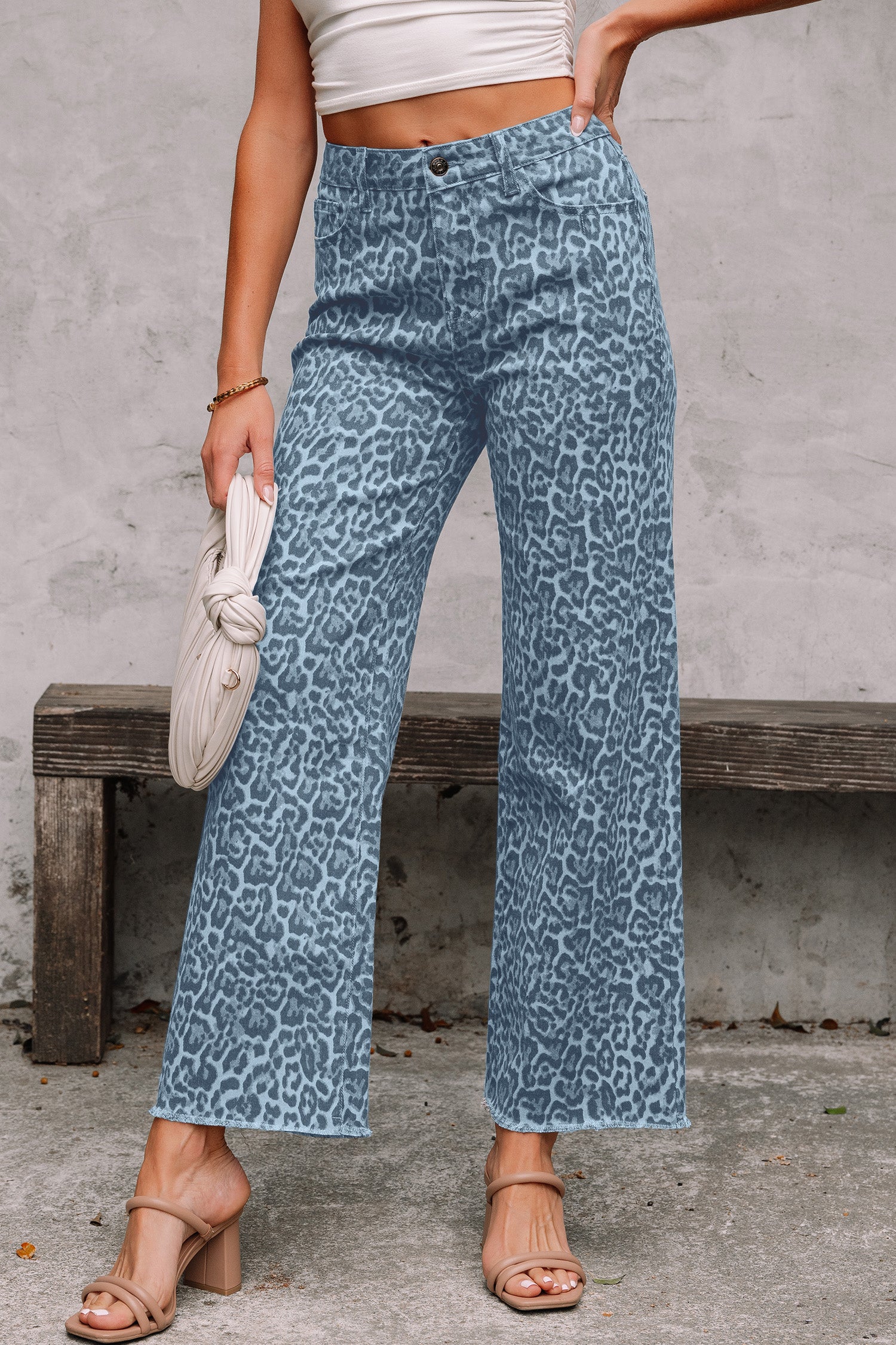 Brown Leopard Frayed Edge Wide Leg High Waist Jeans - Damesmode Afbeelding 13