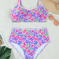 Purple Floral Print Lace Trim Spaghetti Strap Ruched Bikini High Waist Swimsuit - Foto 4