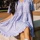 Lavendula Plaid met Ruches Breet Kuerzäerm Babydoll Mini-Kleed