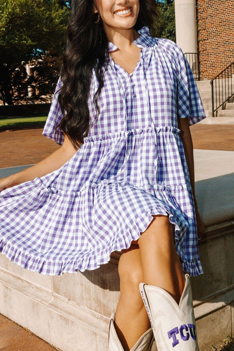 Lavendula Plaid Ruffle Breet Kuerzäerm Babydoll Mini-Kleed - Damesmode