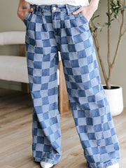 Dämmerungsblaue karierte Jeans mit weiten Beinen - Miniatuur