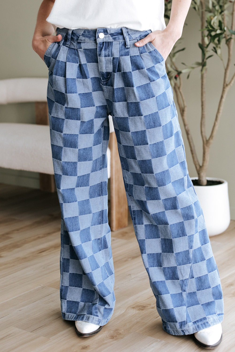 Jeans a quadri blu crepuscolo a gamba larga