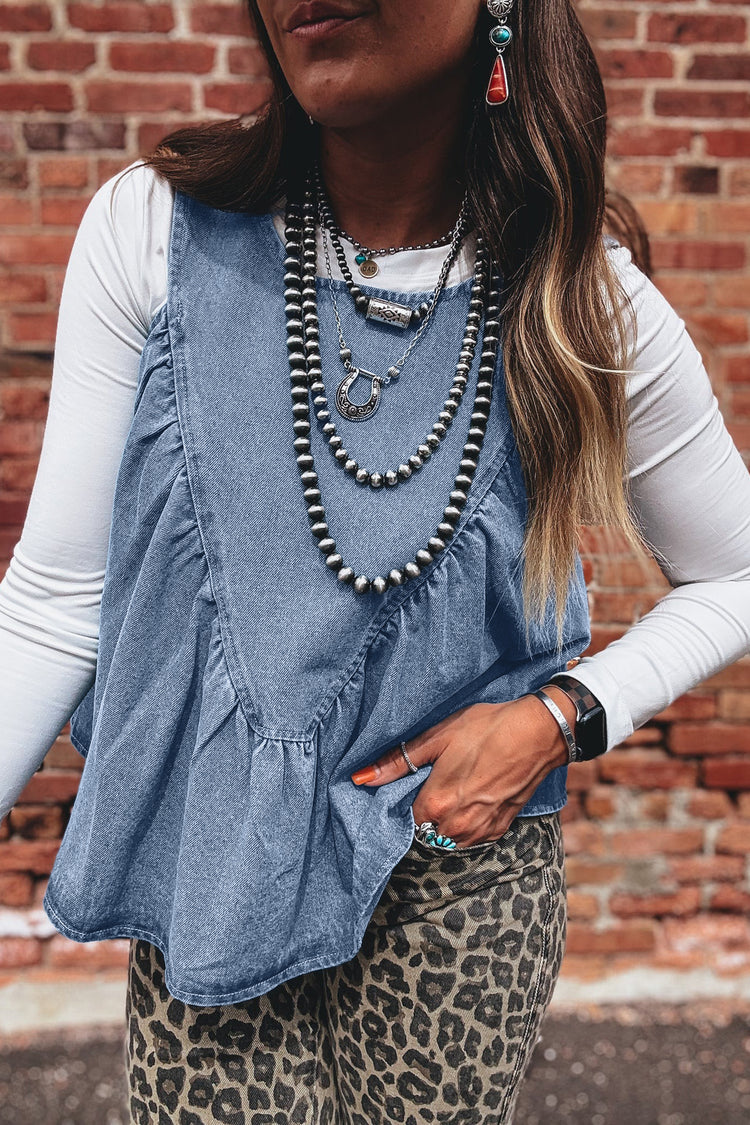 Myosotis Denim plissiertes Patchwork-Ärmelloses Oberteil - Damesmode