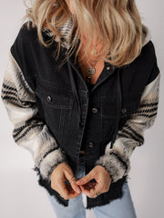 Black Plaid Sleeve Frayed Hem Hooded Denim Jacket - Damesmode Afbeelding 3 - Miniatuur
