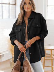 Black Solid Textured Flap Pocket Buttoned Shacket - Damesmode Afbeelding 3 - Miniatuur