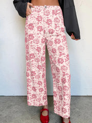 Pantalon en jean en denim rose à motif floral vintage - Miniatuur