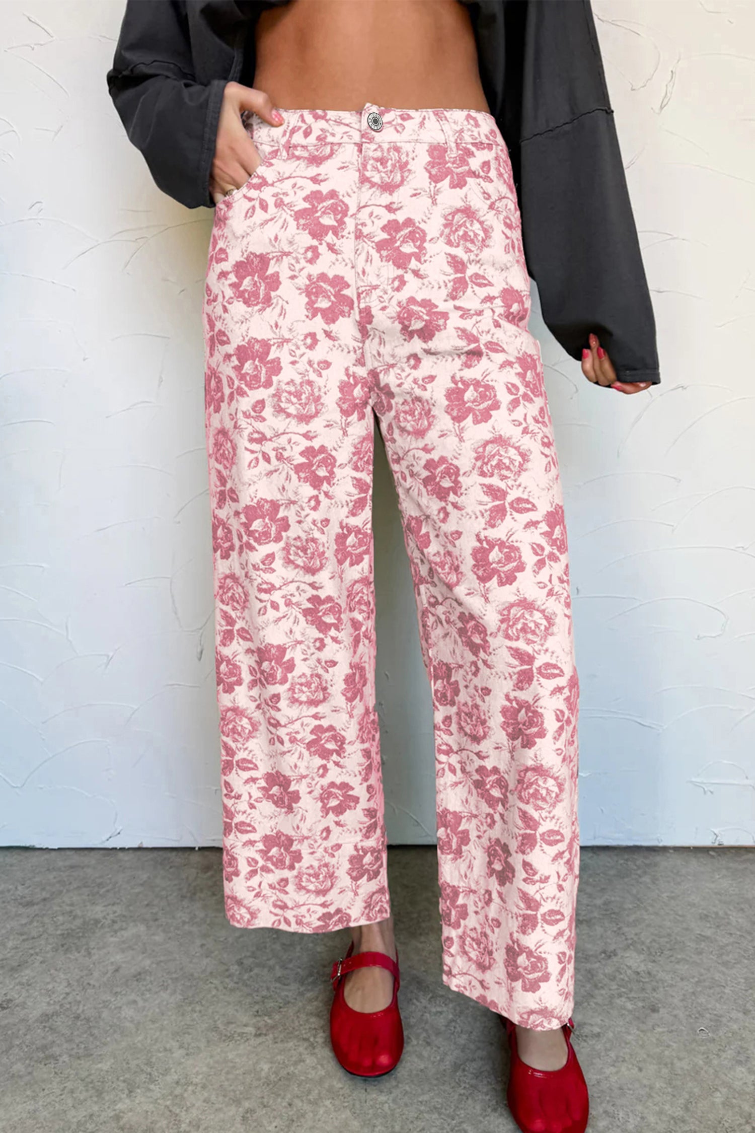 Pantaloni rosa vintage floreali in jeans shift