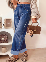 Vaqueros casuales holgados de pierna recta con detalles negros - Imagen de moda femenina 4 - Miniatuur