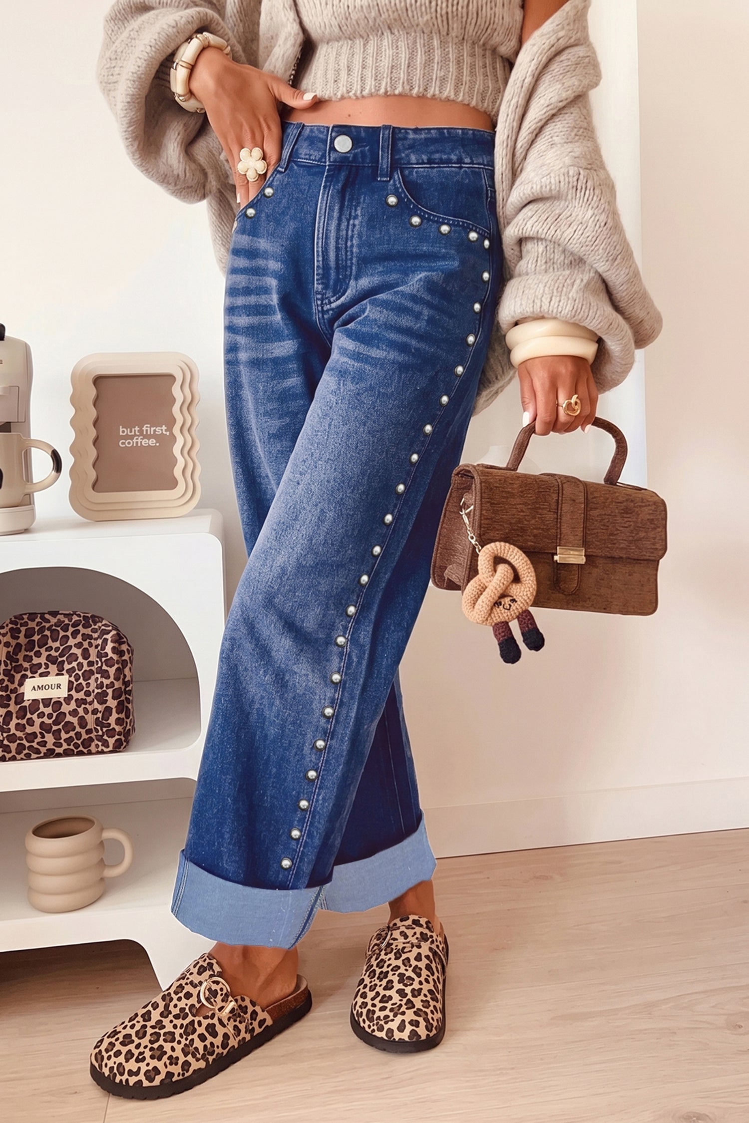 Black Studded Detail Straight Leg Casual Loose Jeans - Women's Fashion Image 4