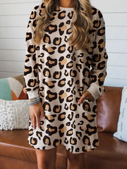 Khaki Leopard Long Sleeve Shift T Shirt Dress with Pockets - Miniatuur