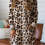 Khaki Leopard Long Sleeve Shift T Shirt Dress with Pockets