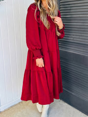 Racing Red Solid Color Ruffle Trim Long Sleeve Tiered Shift Midi Dress - Miniatuur
