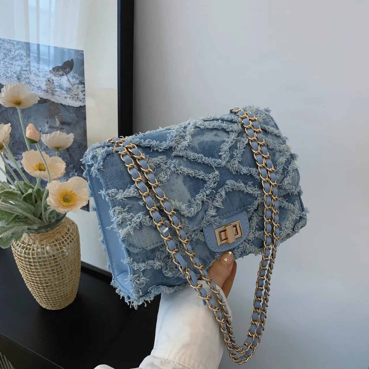 Frayed Edges Chain Crossbody Bag