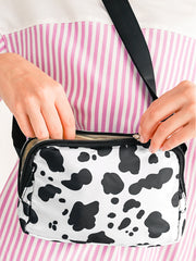 White Cow Pattern Print Buckle Wide Belt Inclined Shoulder Bag - Miniatuur